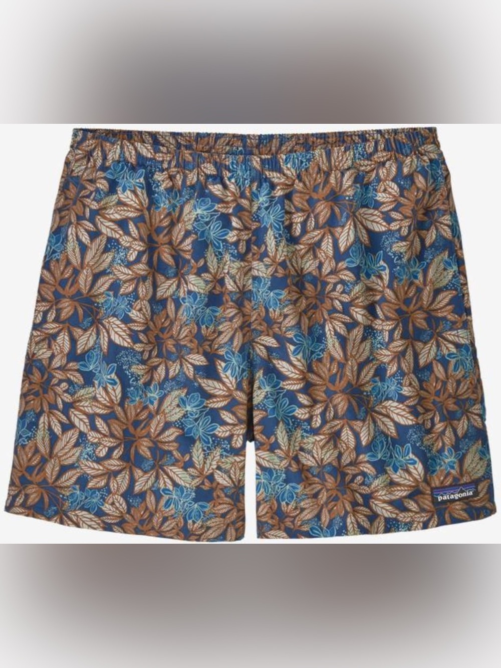 PATAGONIA Baggies Shorts 5" Hevea Leaves Blue Brown Nylon Mesh Swim Trunk - L
